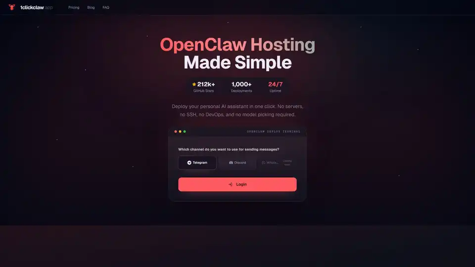 1ClickClaw ofrece alojamiento con un solo clic para OpenClaw, un asistente personal de IA. Elimina la compleja configuración del servidor, SSH y DevOps, permitiendo a los usuarios desplegar rápidamente su bot de IA en plataformas como Telegram y Discord para un funcionamiento 24/7.