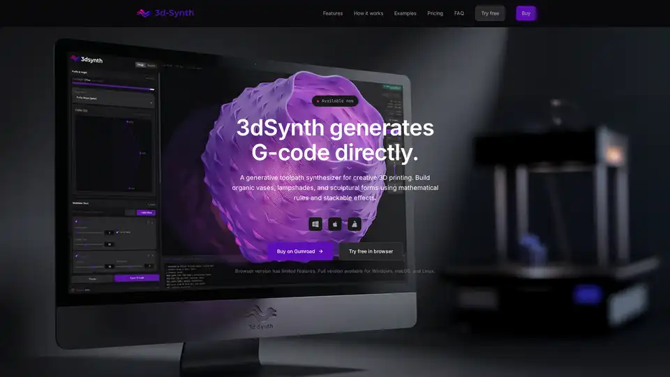 3dSynth is a generative toolpath synthesizer for 3D printing that creates G-code directly from mathematical parameters, bypassing traditional STL files and slicers. It allows artists and makers to build organic vases, lampshades, and sculptural forms using modular effect stacks and parametric control.