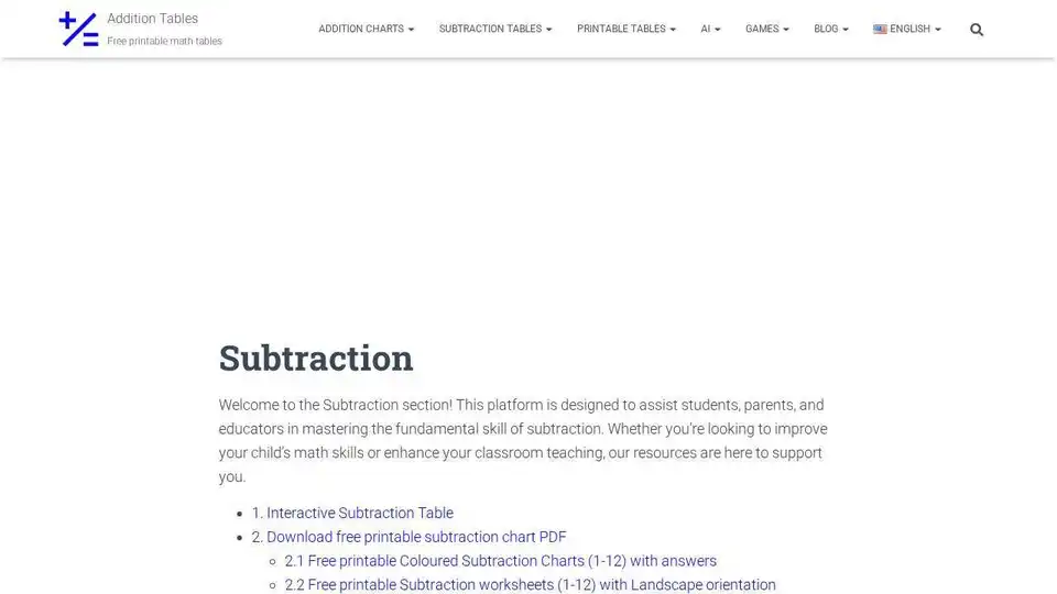 Subtraction Tables