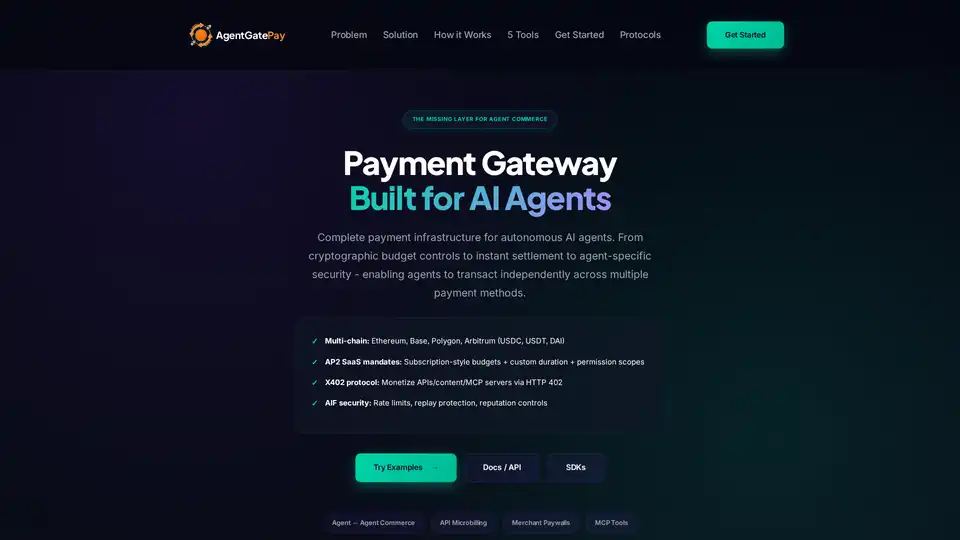 AgentGatePayは自律エージェント経済のための支払いインフラで、AP2マンドートとX402プロトコルを介してAIエージェントが自主的に支払いを行えるようにします。Ethereum、Base、Polygon、Arbitrumでのマルチチェーン暗号化支払い（USDC、USDT、DAI）を、即時決済と低手数料でサポートします。