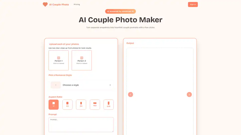 AI Couple Photo is an advanced AI tool that merges two individual photos into a seamless, photorealistic couple portrait. It offers multiple styles, easy workflow, and high-resolution outputs for various occasions.