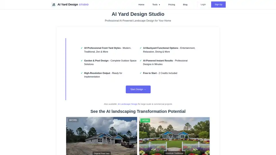 AI Yard Design Studio ist eine professionelle KI-gestützte Landschaftsdesign-Plattform. Sie verwendet die Gemini Nano Banana-Technologie, um sofortige Designs für Wohnhöfe, Vorgärten, Hintergärten, Gärten und Poolbereiche sowie für große kommerzielle Projekte zu generieren. Mit 2 Credits kostenlos starten.