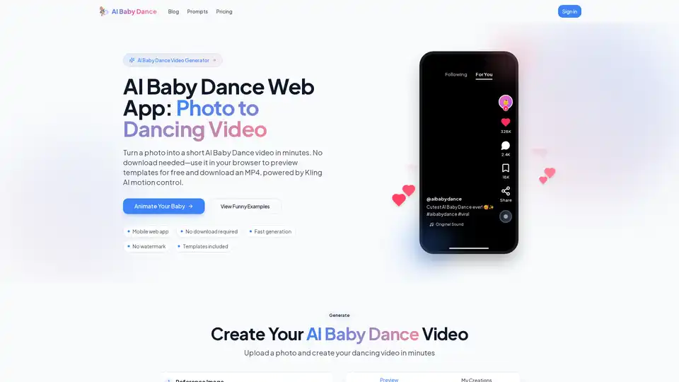 AIベビーダンス動画ジェネレーターは、単一のポートレート写真を、AIの動き制御（Kling AI）を使用して短いバーチャルスタイルのダンス動画に変換するWebアプリです。ユーザーは写真をアップロードし、トレンドのダンステンプレート（キュート、funny、K-pop、ヒップホップ）を選択し、数分で動画を生成してMP4形式でダウンロードし、TikTok、Reels、ShortsなどのSNSで共有できます。