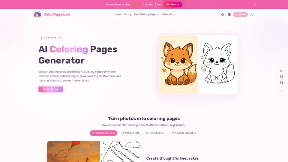 ColorPage Lab é um Gerador de Páginas para Colorir com IA que transforma fotos ou texto em linhas imprimíveis. Oferece uso gratuito ilimitado, classificação por idade e downloads instantâneos para crianças e adultos.