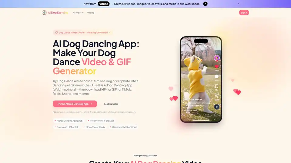 AIドッグダンシングアプリは、犬や猫の写真を楽しいダンス動画やループ可能なGIFに変換する無料のオンラインツールです。ペットの写真をアップロードし、ダンステンプレートを選ぶだけで、AIがSNSやミームに最適な共有可能なMP4やGIFを生成します。