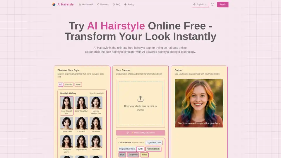 AI Hairstyle is a free online app that allows users to try on different hairstyles virtually using advanced AI technology. It offers a realistic hairstyle simulator experience with a vast library of hairstyles and colors.