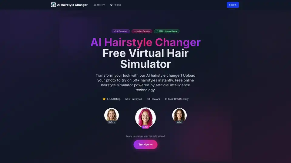 AI Hairstyle Changer é um simulador virtual de cabelo online gratuito, alimentado por IA, que permite aos usuários carregar suas fotos e experimentar instantaneamente mais de 50 penteados e 30+ cores de cabelo. Oferece transformações realistas e créditos diários.