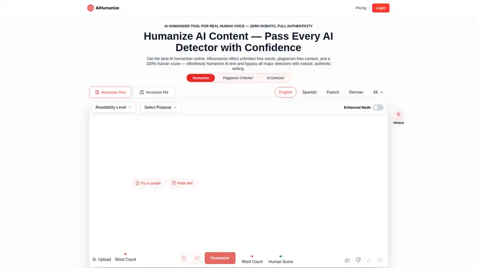 AIhumanize is an online tool that transforms AI-generated text into natural, human-like content with a 100% human score, bypassing major AI detectors like GPTZero and Turnitin while preserving SEO keywords and original meaning.
