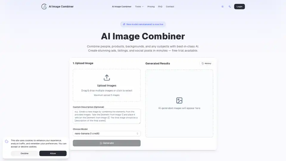 AI图像合成器是一款强大的基于网络的工具，利用先进AI无缝混合多张图像。非常适合创建广告、社交帖子和产品视觉效果，并提供免费试用。