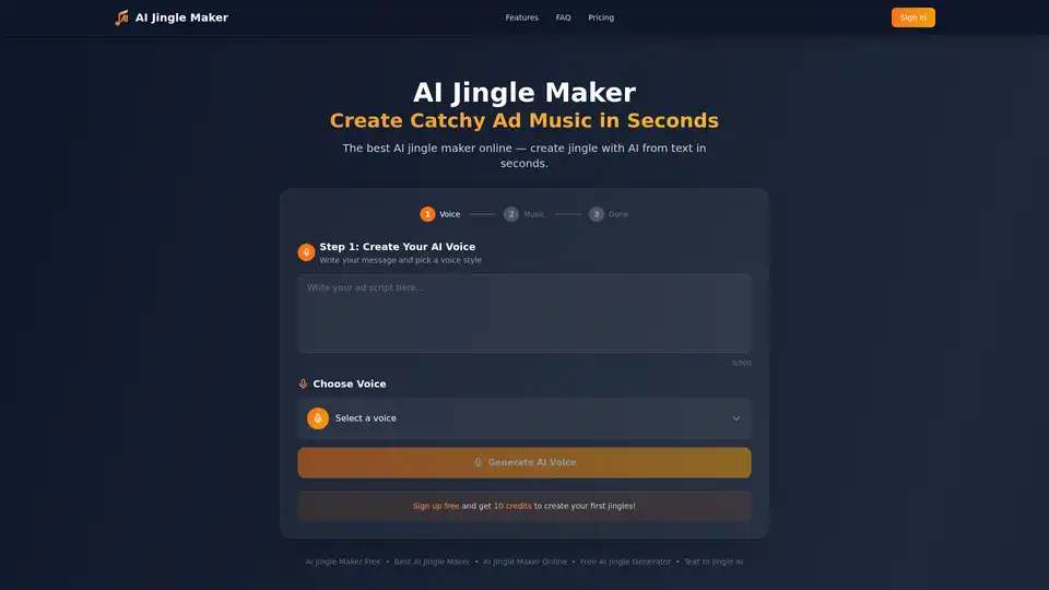 AI Jingle Maker é uma ferramenta online gratuita que permite aos usuários criar jingles de rádio profissionais, intros de podcast e anúncios de áudio usando tecnologia de IA. Ele oferece um processo simples de três etapas: escreva seu script, escolha uma voz e selecione música. A ferramenta é projetada para ser fácil de usar, não requer habilidades de produção musical e fornece uma solução econômica para gerar conteúdo de áudio de alta qualidade.