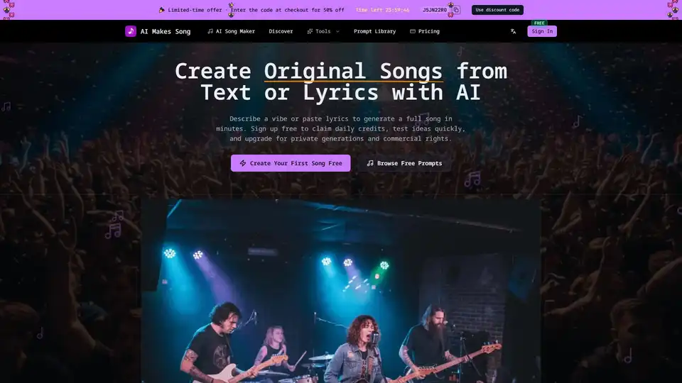 AI Makes Song 은 텍스트 또는 가사에서原创 음악을 만드는 무료 AI 노래 생성기입니다. 보컬 제거, 장르 선택 및 상업적 권리를 포함합니다.