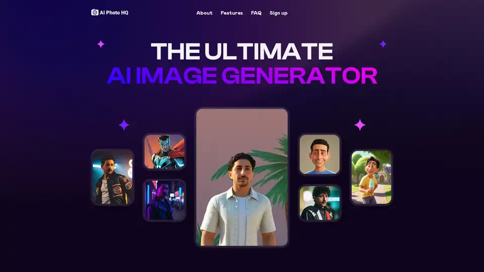 AI Photo HQ is an AI image generator that creates images from uploaded pictures, selfies, and text prompts. It offers custom AI models, character creation, AI avatars, stylized shots, and fast image generation.
