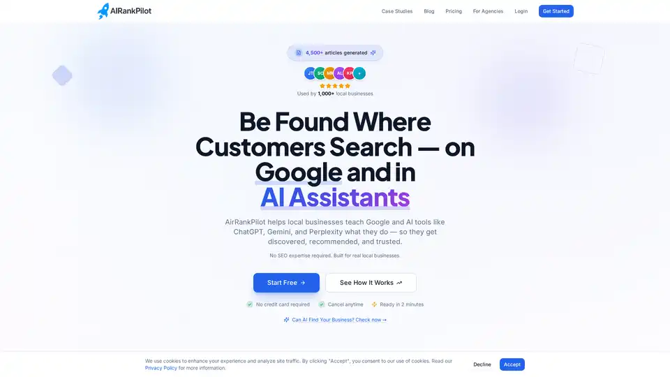 AirRankPilot is an AI visibility system designed for local businesses to optimize their presence on search engines and AI assistants. It generates human-quality, SEO-optimized articles to help businesses get discovered and recommended by ChatGPT, Gemini, and Google.