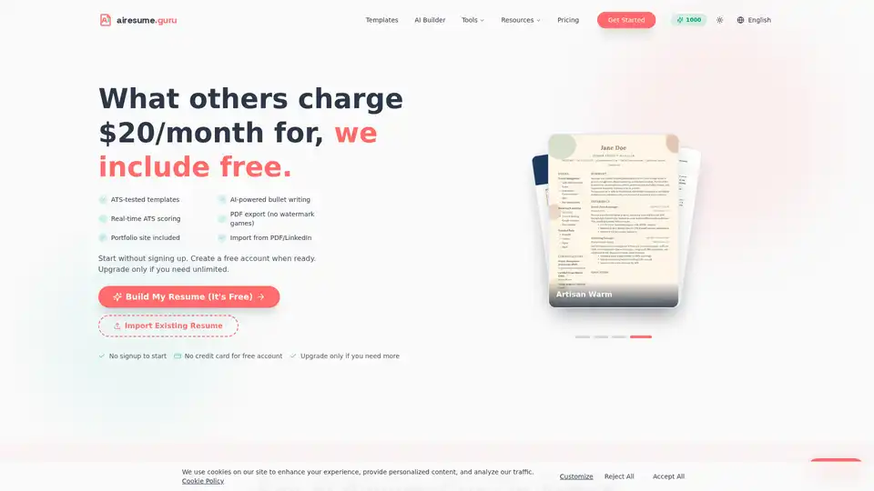 AI ResumeGuru is a free AI-powered resume builder that helps users create ATS-optimized resumes quickly. It features ChatGPT-style AI writing, real-time ATS scoring, multilingual support, and free PDF export, ideal for job seekers aiming for professional and effective applications.