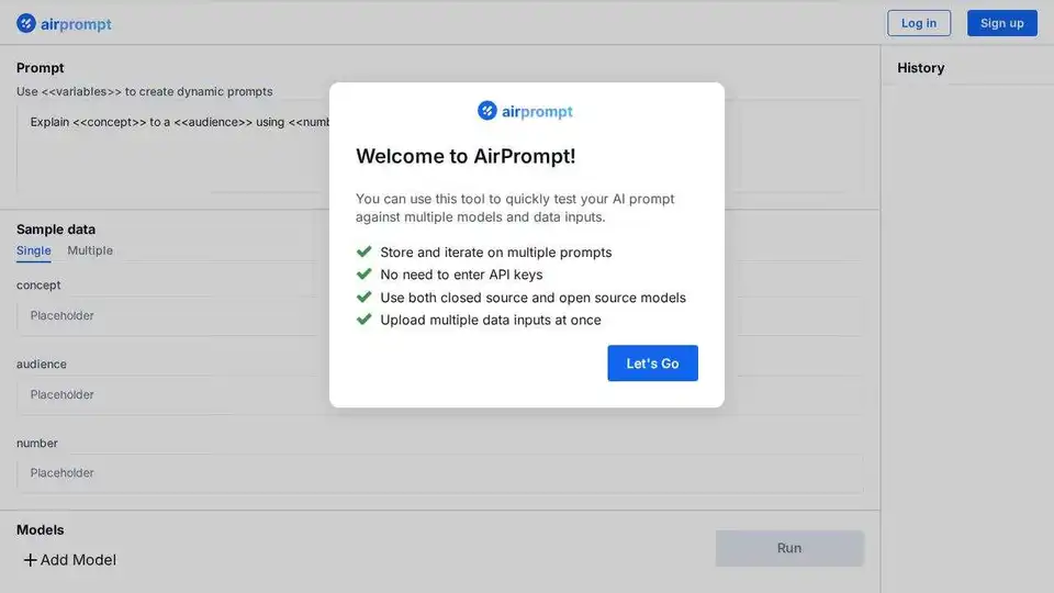 AirPrompt simplifies AI prompt testing and iteration. Easily create dynamic prompts with variables, test against multiple models, and refine your prompts for optimal results.