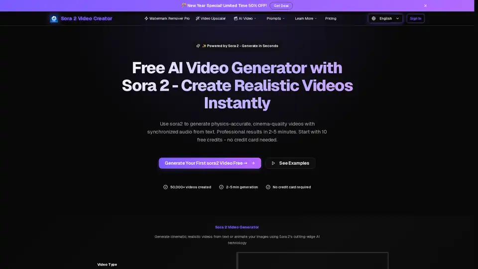 Sora 2 es un generador de video IA gratuito que crea videos precisos de física y de calidad cinematográfica a partir de prompts de texto. Cuenta con audio sincronizado, múltiples estilos y tecnología AI Cameo. No se requiere registro, con 10 créditos gratis para comenzar.