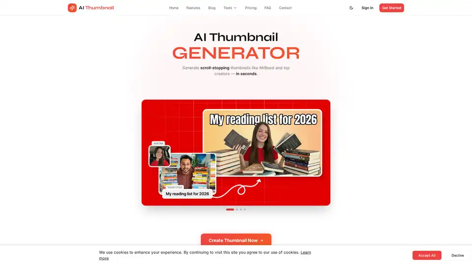 AI Thumbnail是一款AI驱动的YouTube缩略图生成器，可在几秒钟内创建病毒式设计。它提供人脸整合、品牌颜色应用和优化模板，以提升点击率。被数千名创作者信赖，无需设计技能即可获得即时、专业的视觉效果。