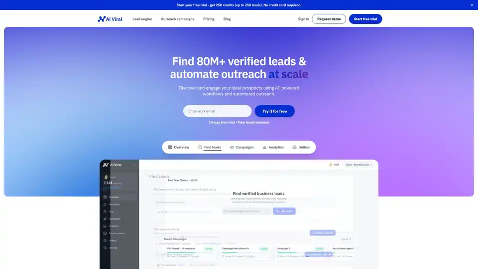 Ai Viral是一款AI驱动的B2B线索生成和自动化外联平台。它通过查找经过验证的线索并大规模发送个性化邮件营销活动，帮助企业发现并吸引理想的潜在客户。