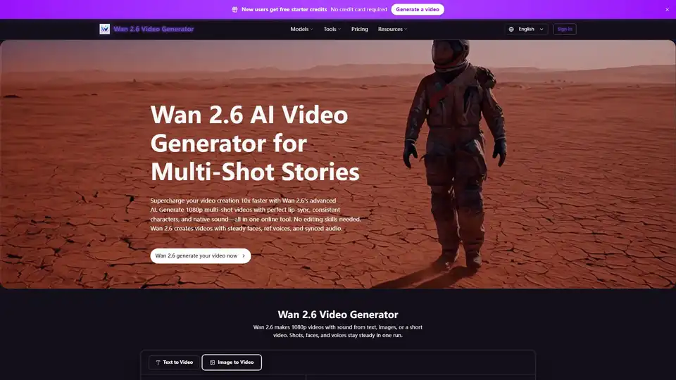Wan 2.6 ist ein fortschrittlicher KI-Videogenerator, der es Benutzern ermöglicht, 1080p Multi-Shot-Videos mit perfekter Lippensynchronisation und konsistenten Charakteren aus Text, Bildern oder Referenzvideos zu erstellen. Er wurde für Filmemacher, Marketingexperten und Pädagogen entwickelt, vereinfacht die komplexe Videoproduktion ohne Bearbeitungskenntnisse und bietet volle kommerzielle Rechte.