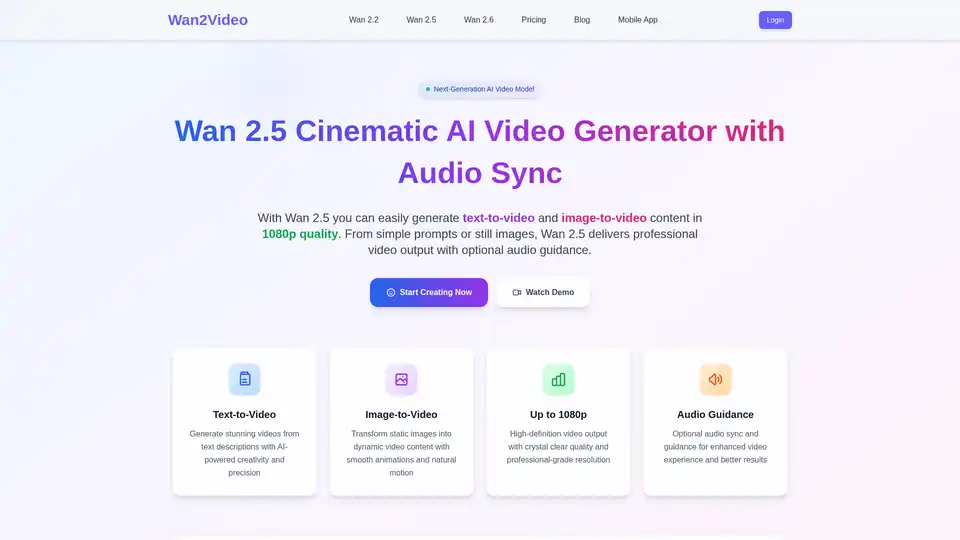 Wan 2.5 ist ein leistungsstarker KI-Videogenerator, der filmische 1080p-Videos aus Text oder Bildern erstellt. Er bietet fortschrittliche Audio-Synchronisation, verbesserte Ästhetik, konsistente Beleuchtung und präzise Charakteranimation, was die professionelle Videoproduktion für verschiedene Branchen schnell und effizient macht.