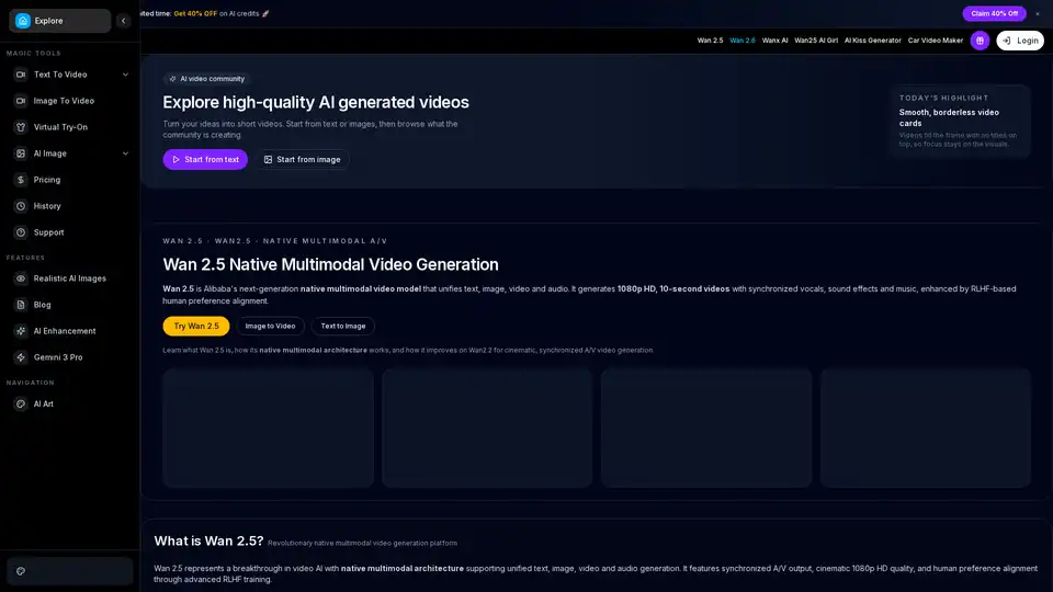 Wan AI is an advanced AI video generator platform powered by the native multimodal Wan 2.5 model. It transforms text or images into high-quality 1080p HD videos with synchronized audio, offering cinematic visuals, fast generation, and professional-grade tools for creators.