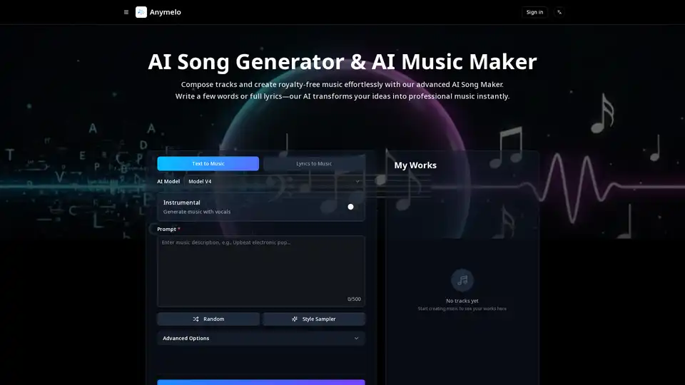 Anymelo is an AI-powered music generator that creates royalty-free music from text or lyrics. It supports multiple genres and languages, offering tools for music extension, vocal removal, and more.