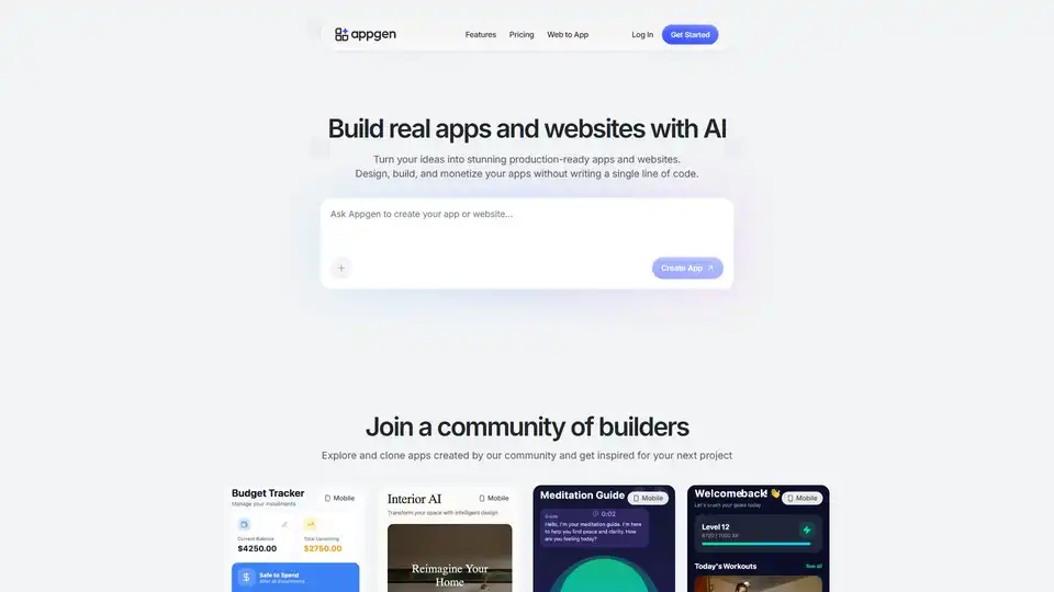 AppGen é uma plataforma sem código alimentada por IA que permite aos usuários gerar instantaneamente aplicativos móveis e sites funcionais simplesmente descrevendo sua ideia. Ele cuida da configuração do backend e permite uma publicação rápida em iOS, Android e web.
