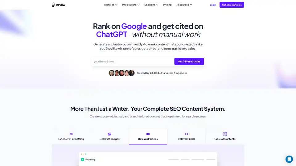 Arvow is an AI-powered SEO writing tool that generates high-quality, ready-to-rank content. It automates blogging, optimizes SEO, and drives traffic with AI.