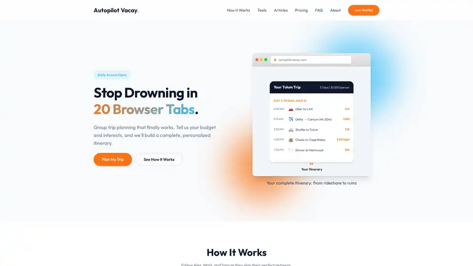 Autopilot Vacay é uma ferramenta de planejamento de viagens com IA projetada para eliminar o estresse de organizar viagens em grupo. Analisa as preferências individuais e as restrições de orçamento para criar itinerários personalizados para até 10 pessoas.