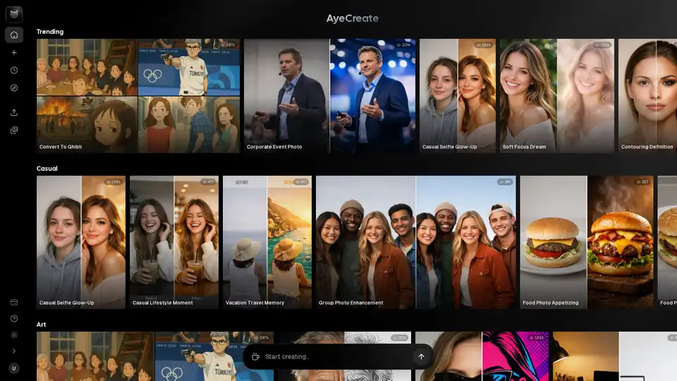 AyeCreate ist eine generative KI-Plattform für die Erstellung von Bildern, Fotos und Videos. Sie integriert führende Modelle wie Sora, Flux und Kling und bietet Tools für Text-zu-Bild, Text-zu-Video, Fotoverbesserung und Stil-Pakete, geeignet für Creators und Unternehmen.