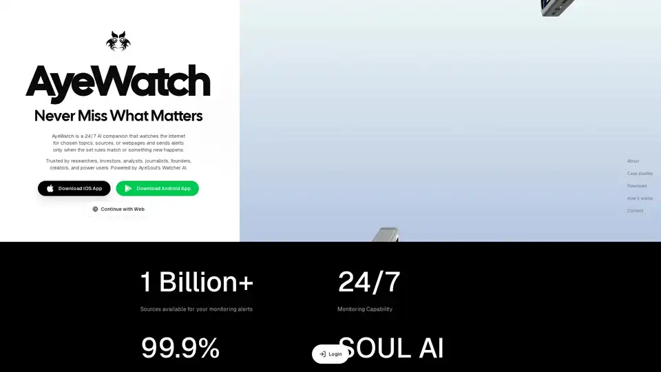 AyeWatch es un compañero de IA 24/7 que observa internet por temas, fuentes o páginas web elegidos y envía alertas solo cuando las reglas establecidas coinciden o algo nuevo sucede. Impulsado por SOUL AI, ofrece monitoreo en tiempo real a través de miles de millones de fuentes con filtrado inteligente para entregar solo lo que importa.