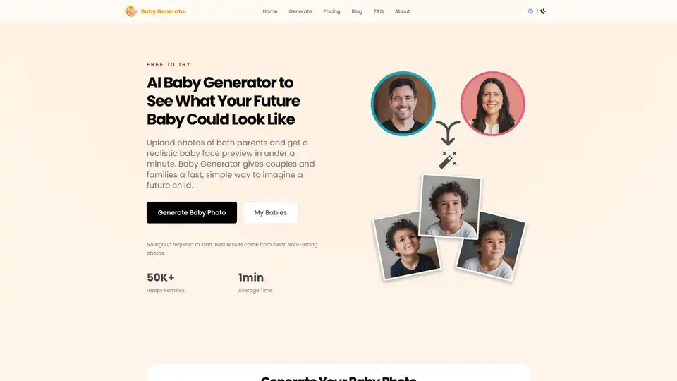 Baby Generator は AI を使用して、両親の写真からリアルな赤ちゃんの顔のプレビューを作成します。カップルや家族のための速く、プライベートで楽しいツールです。