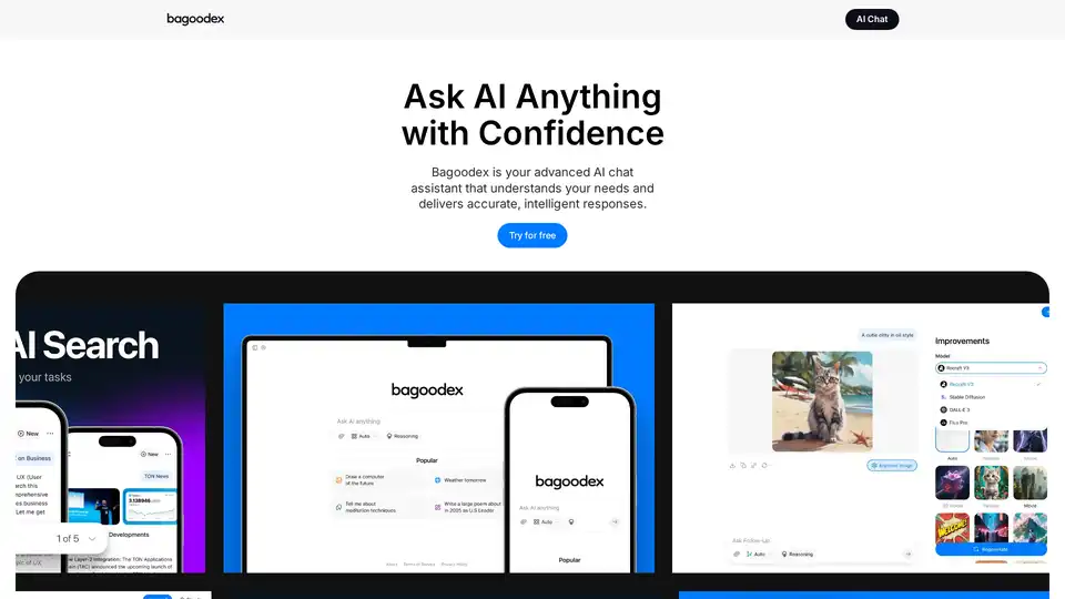 Bagoodex is an AI-powered chat assistant offering intelligent responses, web search, and image generation for efficient content creation.