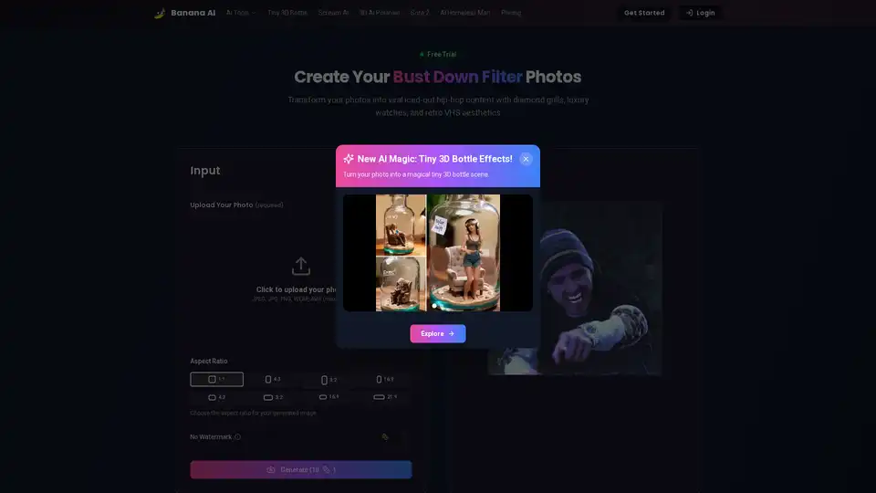 Bust Down Filter by Banana AI transforms photos into viral hip-hop aesthetic with diamond grills, luxury watches, and VHS effects. Perfect for social media engagement.