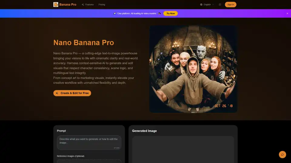 Banana Pro是一款先进的AI图像生成器和编辑器，能将文本提示和参考图像转化为高保真视觉效果。它提供一致的角色设计、上下文感知编辑和工作室级输出等功能，适用于专业创意、营销和故事叙述项目。