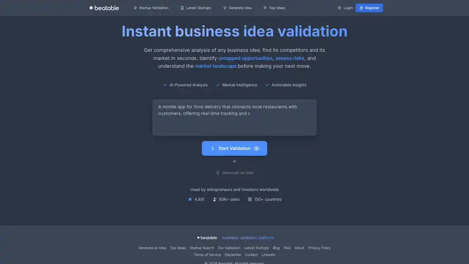 Beatable is an AI-powered platform that provides instant business validation for startups. It offers comprehensive competitor analysis, market intelligence, and actionable insights in seconds, helping entrepreneurs assess risks and identify opportunities before making investment decisions.