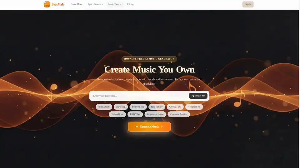 BeatMelo는 텍스트와 가사를 몇 분 만에 보컬이 포함된 완전한 노래로 변환하는 로열티 프리 AI 음악 생성기입니다. 음악 경험이 필요 없으며, 완전한 상업적 권리를 제공하고 MP3, WAV, MIDI 형식으로 내보내기를 지원합니다.