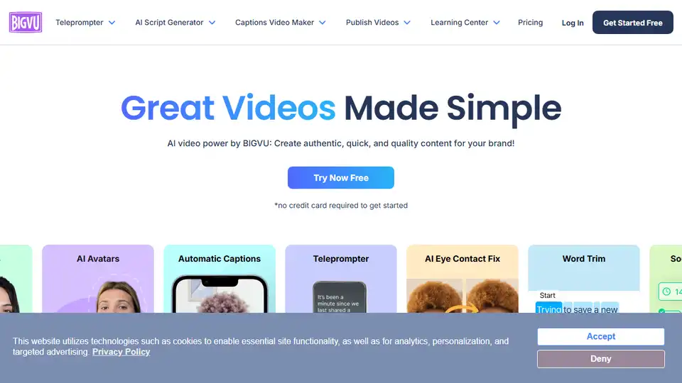 BIGVU is an AI-powered video creation tool offering teleprompter, AI avatars, and auto-captions for professional video content.