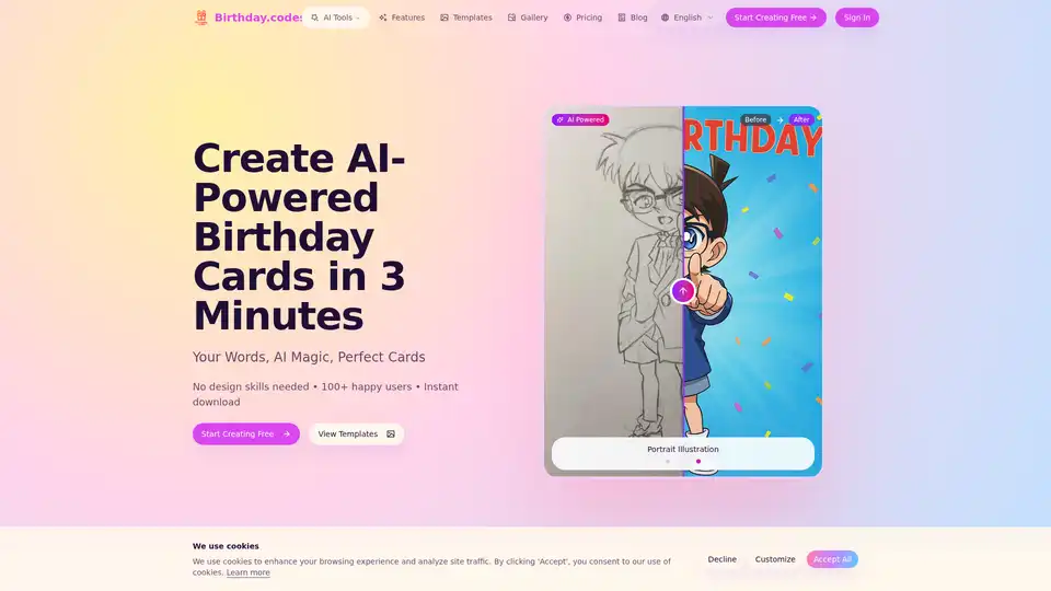 Birthday.codes 是一款AI驱动的工具，可在几秒钟内将手绘草图转换为专业的生日贺卡。它具有AI生成的消息、60多个模板以及用于即时分享的移动优先体验。