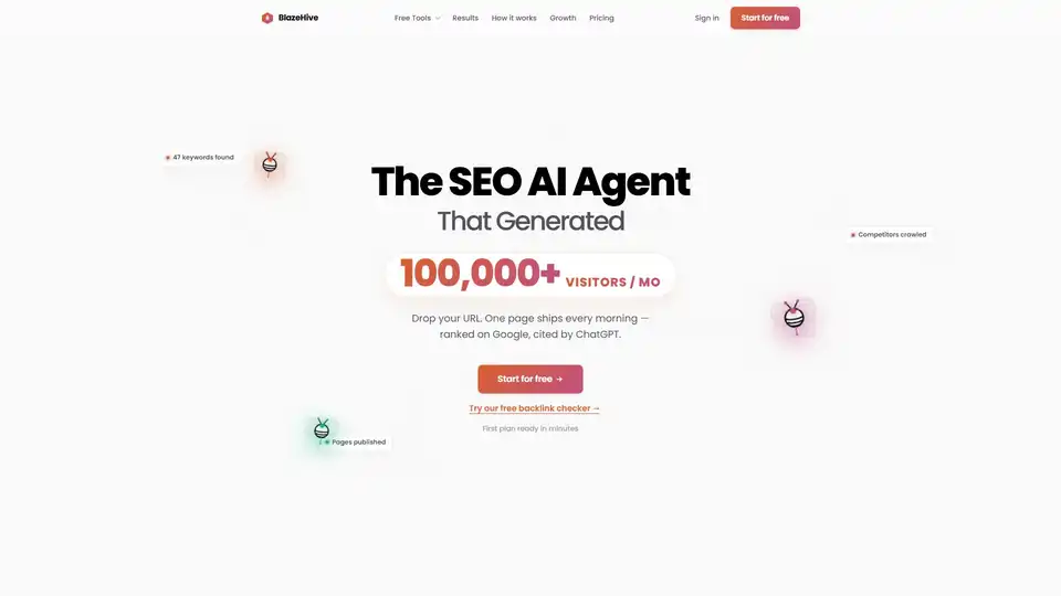 BlazeHive automatiza SEO con agentes AI, publicando páginas optimizadas diariamente para clasificar en Google y ganar citas de motores de búsqueda AI.