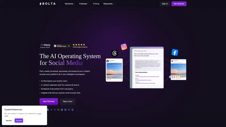 Bolta ist ein KI-gestütztes Betriebssystem für Social-Media-Management, das Planung, Inhaltserstellung, Planung und Analyse in einer einzigen Plattform kombiniert. Es lernt Ihre Marke und ersetzt über 8 Tools.