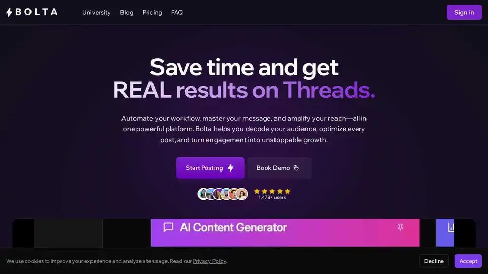 Bolta: Automate Threads workflow, optimize posts with AI, and grow engagement. Schedule, analyze, and enhance your Threads presence.