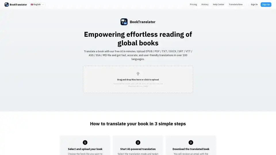 BookTranslator 是一款AI驱动的工具，可快速准确地将 EPUB、PDF、TXT、DOCX 和其他图书格式翻译成 76 多种语言。一分钟内翻译您的图书！