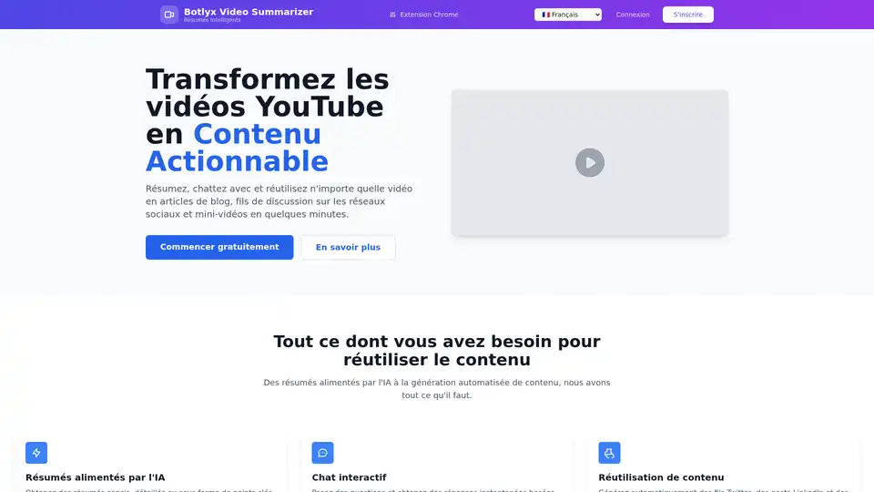 Botlyx Video Summarizer is a Chrome extension that uses AI to summarize YouTube videos, enabling users to generate concise summaries, interact with video content via chat, and repurpose videos into blog posts and social media content.