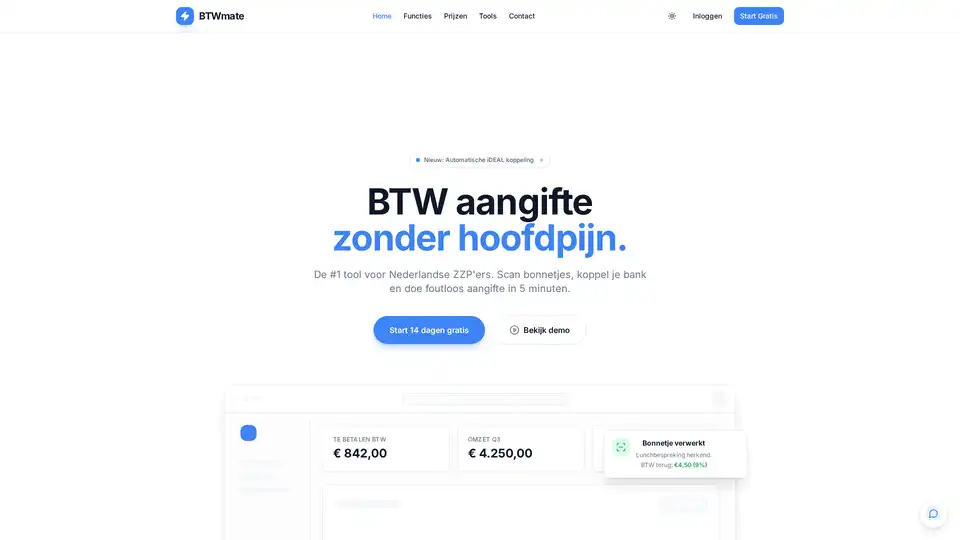 BTWmate é uma ferramenta projetada para autônomos holandeses que simplifica a administração do IVA. Permite aos usuários digitalizar recibos, conectar seu banco e declarar impostos sem esforço em apenas 5 minutos.