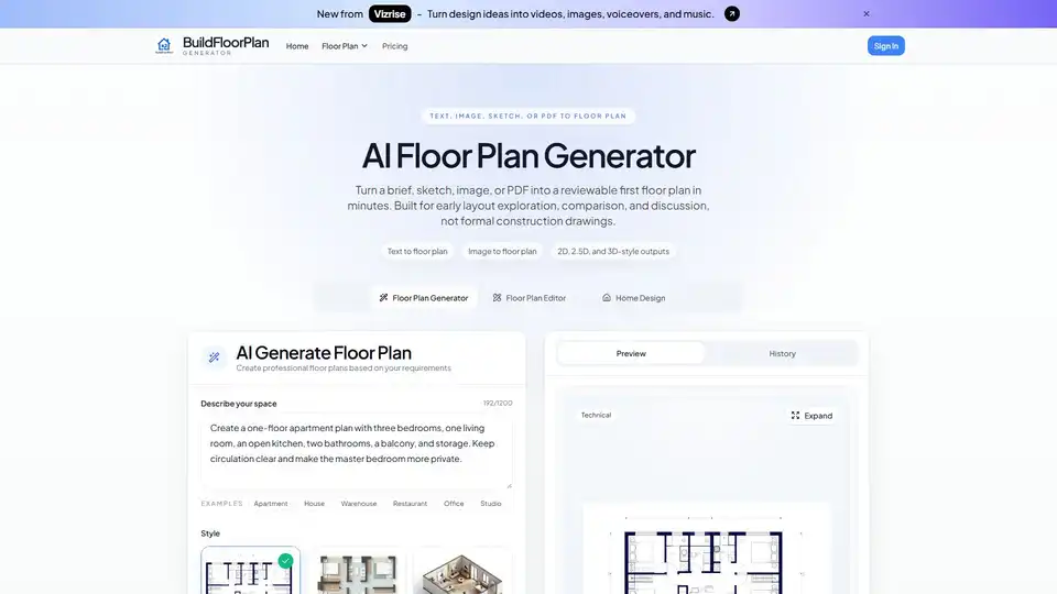 BuildFloorPlan은 텍스트, 이미지, 스케치 또는 PDF와 같은 다양한 입력을 상세한 2D, 2.5D, 3D 등각 투영 평면도로 빠르게 변환하는 AI 기반 평면도 생성기입니다. 초기 레이아웃 탐색, 비교 및 토론에 이상적이며, 주택 소유자, 인테리어 디자이너 및 소규모 팀이 심층적인 설계 또는 시공 도면 작업 전에 공간을 효율적으로 시각화하도록 돕습니다.