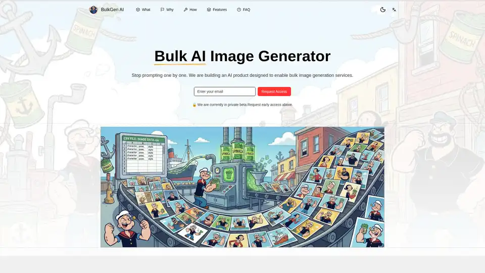 BulkGen AI is a specialized bulk AI image generator that streamlines asset creation for creators and businesses. It turns spreadsheets of ideas into folders of visual assets using multiple AI models, featuring spreadsheet-to-image conversion, consistent style control, and cloud processing.