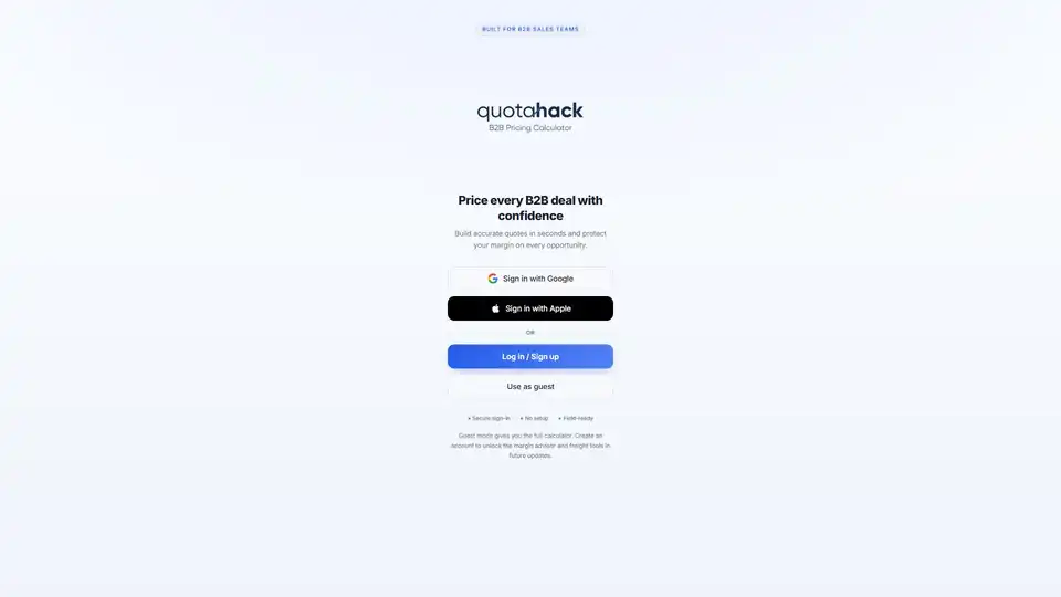 QuotaHack is an AI-powered B2B pricing calculator (web app/Chrome extension) for small teams. It rapidly calculates landed costs, margins, and Incoterms, offering smart pricing guidance to protect profitability without spreadsheets or delays.