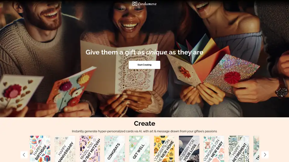 Cardamore.ai leverages AI to generate hyper-personalized greeting cards with unique art and messages for any occasion. Effortlessly craft bespoke cards and give a one-of-a-kind gift.