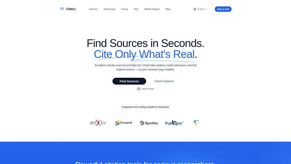 Citely es un verificador de citas y un buscador de fuentes impulsado por IA que ayuda a los investigadores a verificar referencias, detectar citas falsas y encontrar fuentes originales, garantizando un trabajo académico creíble.
